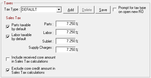 The top half of the Sales Taxes and Fees window.
