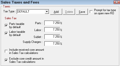 The Sales Taxes and Fees window with default selected.