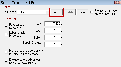 The Sales Taxes and Fees window with the Add button circled.