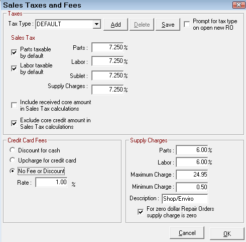 The Sales Taxes and Fees window.