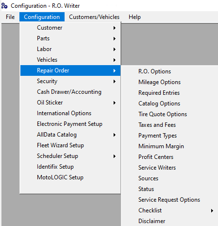 The Repair Order submenu.