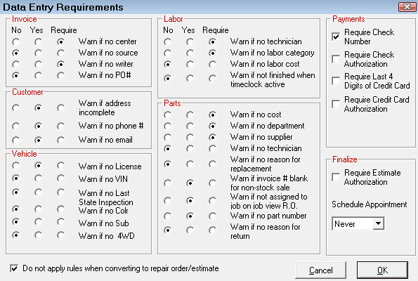 The Required Entries window.