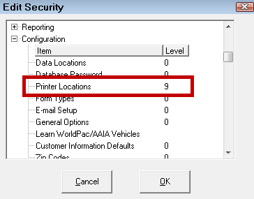 The Edit Security window with the new security level circled.