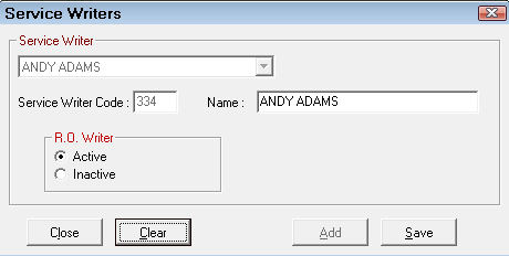 A new service writer saved on the Service Writers window.