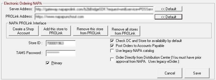 The Electronic Ordering Interface window for NAPA.