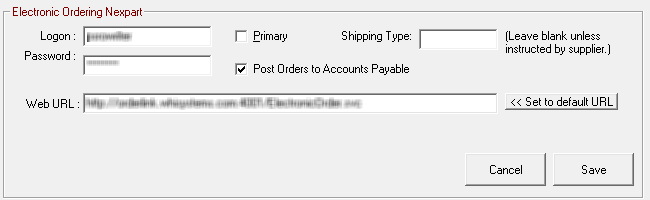 The Electronic Ordering Interface window for Nexpart.
