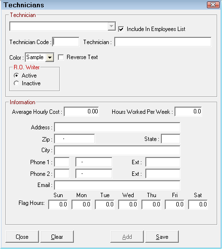 The Technicians window with no technician selected.