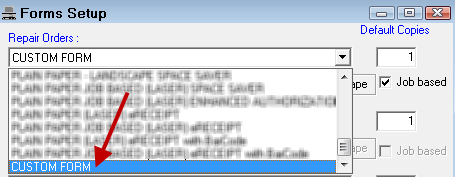 The forms setup window with custom form selected in the repair orders field.
