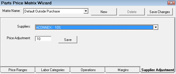 The supplier adjustment tab for Matrix Pricing by Associated Labor.
