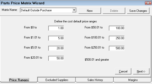 the Price Ranges tab for matrix pricing by supplier.