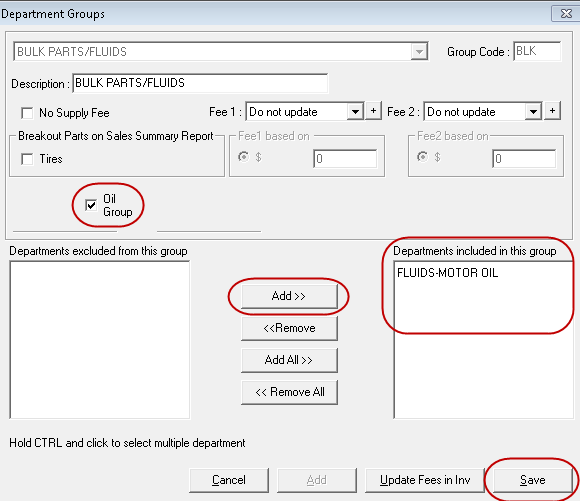 The Department Groups window with the Oil Group box checked.