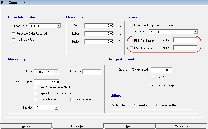 The PST and GST Tax Exempt options on the Other Info tab.
