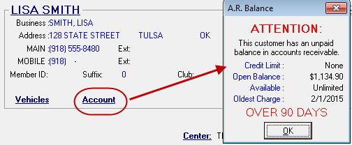 The AR Balance window opened from the Account link in the customer section.