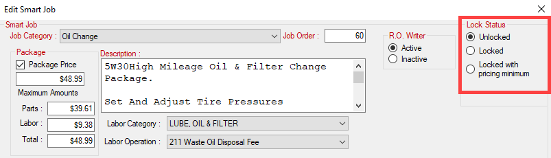 The lock status section circled on the edit smart jobs window.