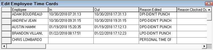 The Edit Employee Time Cards window showing a list of employees.