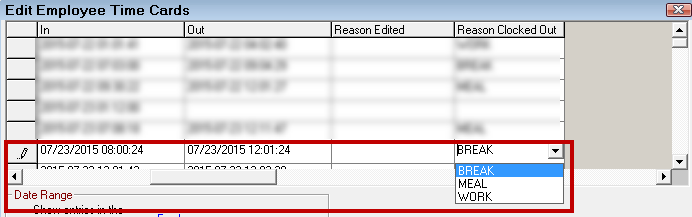 The Reason Clocked Out dropdown list expanded for one employee.