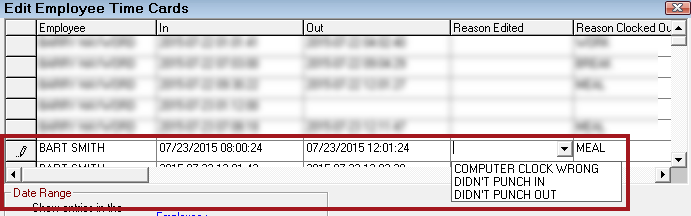 The Reason Edited dropdown list expanded for one employee.