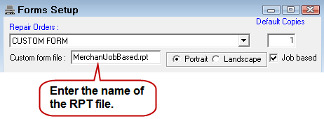 The custom form file field with an rpt file in the field.