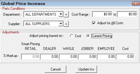 The Global Price Increase window for increasing based on the current price.