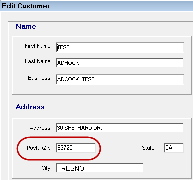 The Edit Customer window with the Postal/Zip field circled.