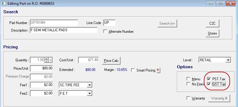 the PST Tax or GST Tax options on the Editing Part window.