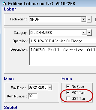 The PST Tax and GST Tax boxes on the Editing Labour window. 