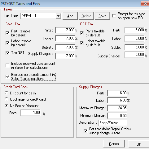 The PST/GST Taxes and Fees window.