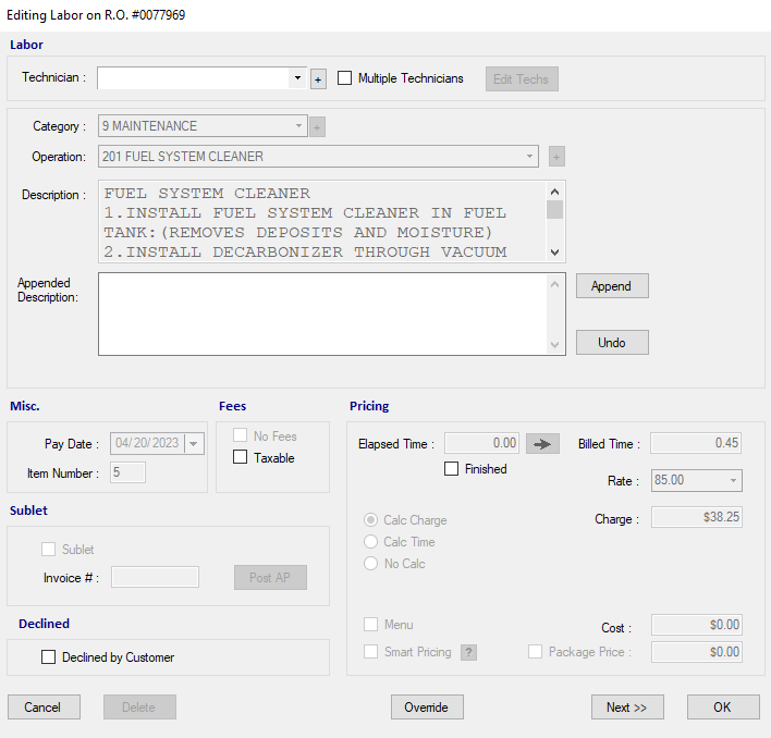 The Editing Labor window of a locked labor.