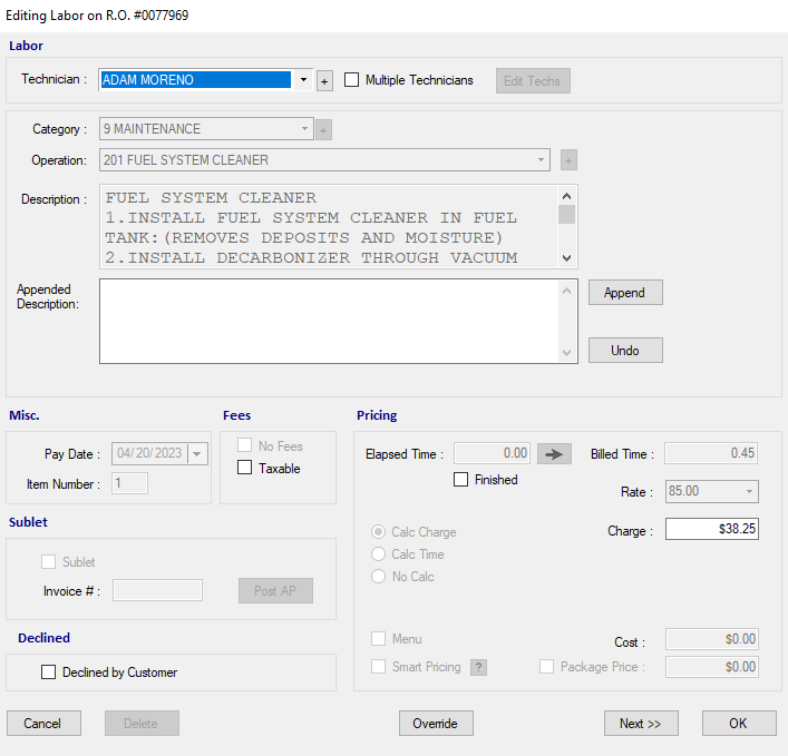 The Editing Labor window showing a labor that is locked with price minimum.