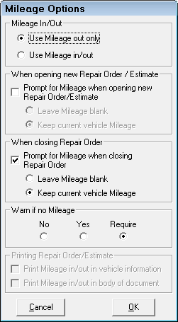 The mileage options window.