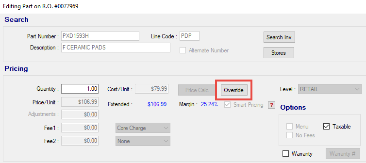 The Override button on the Editing Parts window.