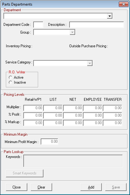 The Parts Departments window blank.