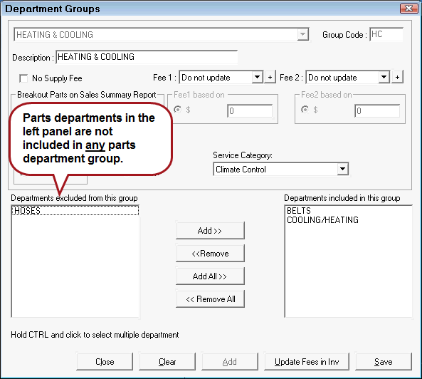 The parts department appears in the left panel of the parts department groups window.