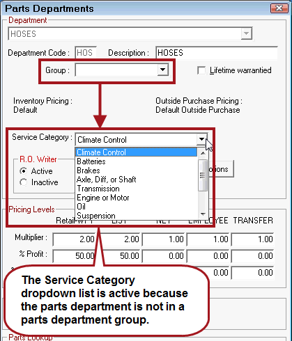 The parts department is not in a group, which is why the service category dropdown list is active.