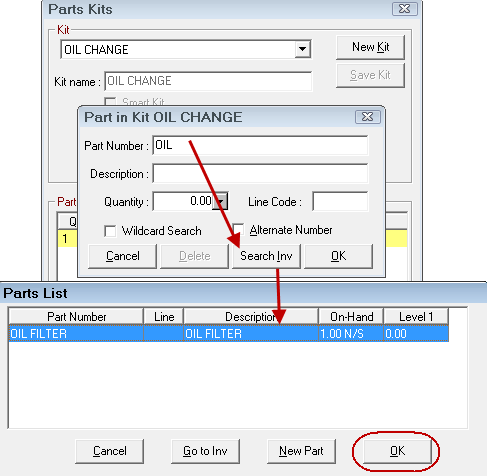 The Parts List showing a part found from the Search Inv button.