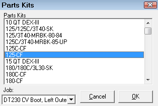 A parts kit selected on the Parts Kits window.