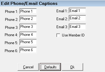 The Edit Phone/Email Captions window showing the defaults for the phone fields.