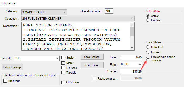 The charge field circled on the edit labor window.
