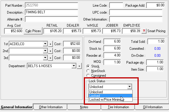 The lock status dropdown list expanded.