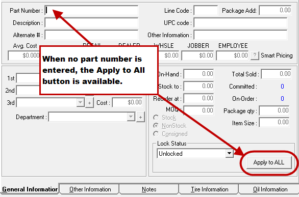 The Inventory window with no part selected and the Apply to All button.