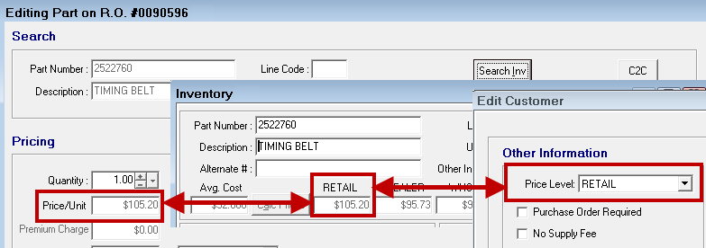 The customer price level matching the inventory price level matchign the price on the part.