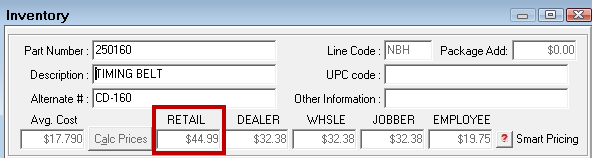 The Retail price at 44.99 dollars in Inventory.