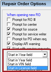 The When Opening new RO options with the Start In dropdown list expanded.