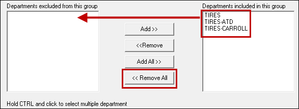 departments in the included list circled and pointing to the excluded column.