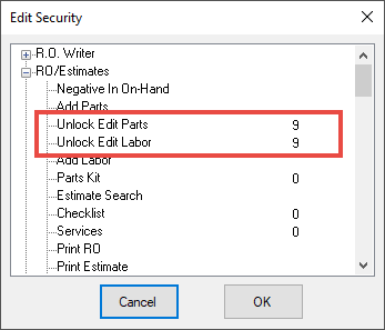 The unlock options for parts and labor on the edit security window.