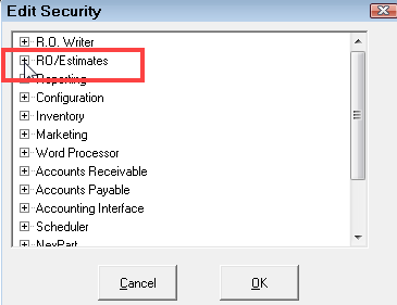 The security level window the RO/Estimates entry circled.