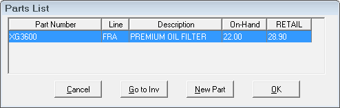 The Parts List window showing the part.