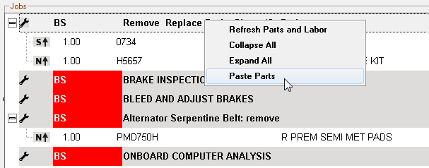 Paste Parts selected on the right-click menu.
