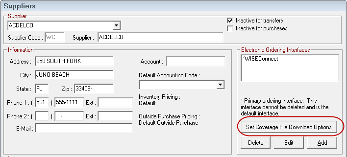 the Set Coverage File Download Options button circled on the Suppliers Configuration window.