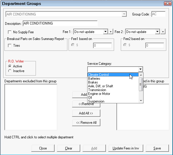 The service category dropdown list on the Parts department groups window.